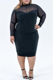 Black Fashion Sexy Solid Patchwork See-through O Neck Long Sleeve Plus Size Dresses