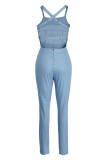 Blue Fashion Casual Solid Patchwork Backless Spaghetti Strap Skinny Jumpsuits