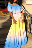 Blue Fashion Casual Gradual Change Print Backless Off the Shoulder Long Dress