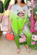 Fluorescent Green Casual Gradual Change Print Patchwork Slit V Neck Short Sleeve Two Pieces