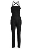 Blue Fashion Casual Solid Patchwork Backless Spaghetti Strap Skinny Jumpsuits