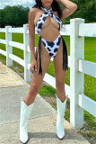 Black Fashion Sexy Print Tassel Hollowed Out Backless Swimwears (Without Paddings)