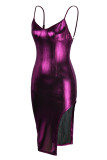 Purple Fashion Sexy Solid Backless Slit Spaghetti Strap Sleeveless Dress Dresses