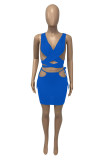 Blue Fashion Sexy Solid Hollowed Out Backless Cross Straps V Neck Sleeveless Two Pieces