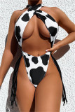 Black Fashion Sexy Print Tassel Hollowed Out Backless Swimwears (Without Paddings)