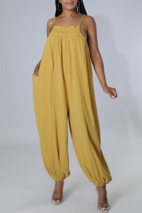 Yellow Casual Solid Patchwork Spaghetti Strap Straight Jumpsuits