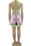 Multicolor Sexy Print Bandage Patchwork Backless Halter Sleeveless Two Pieces