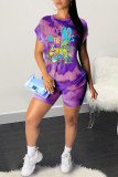Red Casual Street Print Patchwork O Neck Short Sleeve Two Pieces