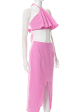 Pink Casual Solid Flounce Halter Sleeveless Two Pieces