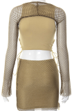 Khaki Sexy Patchwork Mesh U Neck Long Sleeve Two Pieces