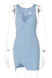 Blue Sexy Solid Buckle V Neck Irregular Dress Dresses