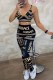 Black Fashion Sexy Print Letter Spaghetti Strap Sleeveless Two Pieces