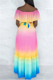 Blue Fashion Casual Gradual Change Print Backless Off the Shoulder Long Dress