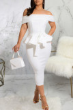 White Work Elegant Solid Bandage Patchwork Flounce Off the Shoulder Dresses