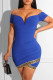 Blue Fashion Sexy Patchwork Backless Asymmetrical Off the Shoulder Short Sleeve Dress