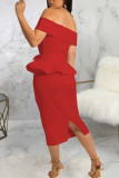 Red Work Elegant Solid Bandage Patchwork Flounce Off the Shoulder Dresses