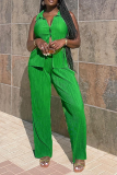 Green Fashion Solid Patchwork Turndown Collar Sleeveless Two Pieces