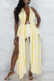 Green Yellow Sexy Print Hollowed Out Patchwork Backless Slit Asymmetrical Sleeveless Two Pieces