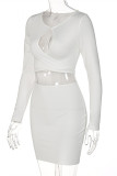 White Fashion Sexy Solid Bandage Hollowed Out O Neck Long Sleeve Dresses