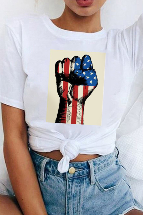 White Fashion Street Print Patchwork O Neck T-Shirts