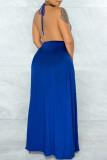 Royal Blue Sexy Print Hollowed Out Patchwork Backless Slit Asymmetrical Sleeveless Two Pieces