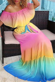 Blue Fashion Casual Gradual Change Print Backless Off the Shoulder Long Dress