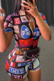 Multicolor Fashion Casual Print Basic Zipper Collar Skinny Romper