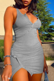 Blue Sexy Solid Buckle V Neck Irregular Dress Dresses