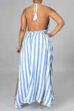 Blue Sexy Print Hollowed Out Patchwork Backless Slit Asymmetrical Sleeveless Two Pieces
