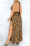 Yellow Sexy Print Hollowed Out Patchwork Backless Slit Asymmetrical Sleeveless Two Pieces