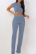Light Blue Casual Solid O Neck Short Sleeve Two Pieces