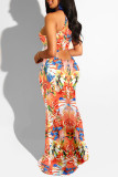 Red Fashion Sexy Print Hollowed Out O Neck Long Dress