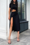 White Fashion Solid Slit O Neck Short Sleeve Two Pieces