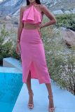 Pink Casual Solid Flounce Halter Sleeveless Two Pieces