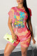 Red Casual Street Print Patchwork O Neck Short Sleeve Two Pieces