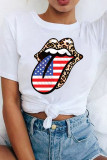 White Fashion Street Lips Printed Patchwork O Neck T-Shirts