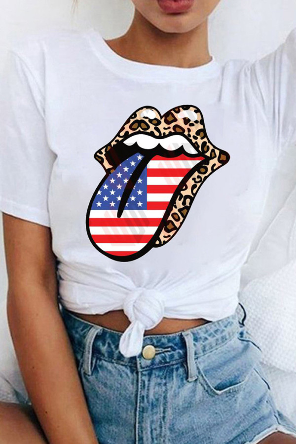 White Fashion Street Lips Printed Patchwork O Neck T-Shirts