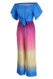 Blue Fashion Casual Gradual Change Solid Patchwork Off the Shoulder Regular Jumpsuits