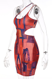 Colour Sexy Print Patchwork Spaghetti Strap Pencil Skirt Dresses