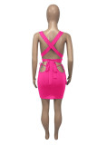 Rose Red Fashion Sexy Solid Hollowed Out Backless Cross Straps V Neck Sleeveless Two Pieces