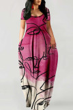 Rose Red Fashion Sexy Print Backless Spaghetti Strap Long Dress