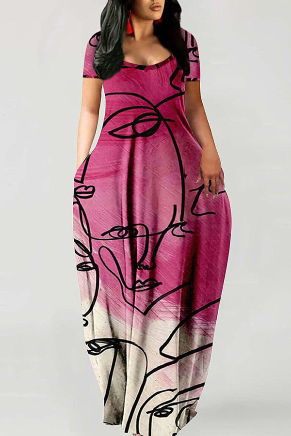 Rose Red Fashion Sexy Print Backless Spaghetti Strap Long Dress