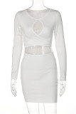 White Fashion Sexy Solid Bandage Hollowed Out O Neck Long Sleeve Dresses