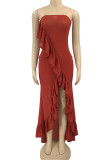 Rust Red Sexy Solid Patchwork Flounce Asymmetrical Strapless Irregular Dress Dresses