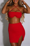 Red Fashion Sexy Solid Bandage Backless Slit Strapless Sleeveless Two Pieces