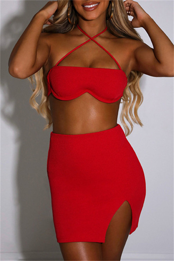 Red Fashion Sexy Solid Bandage Backless Slit Strapless Sleeveless Two Pieces