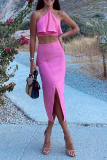 Pink Casual Solid Flounce Halter Sleeveless Two Pieces