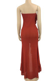 Rust Red Sexy Solid Patchwork Flounce Asymmetrical Strapless Irregular Dress Dresses