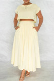 Beige Fashion Casual Solid Patchwork O Neck Short Sleeve Two Pieces