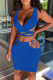 Blue Fashion Sexy Solid Hollowed Out Backless Cross Straps V Neck Sleeveless Two Pieces